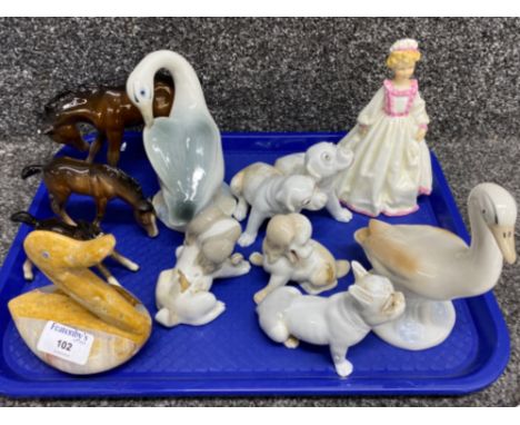 Tray lot comprising of Royal Worcester lady, stone duck, Beswick horses (damaged ears) &amp; miscellaneous animal ornaments