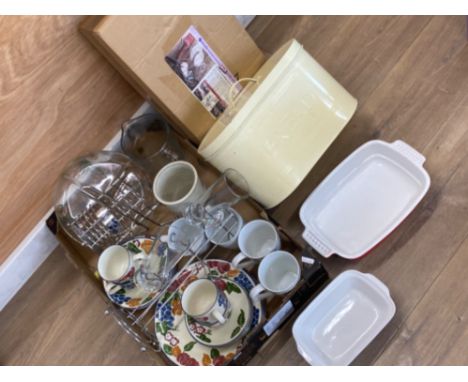 Miscellaneous kitchen ware including Kig pitcher jug, large metal bread bin, Staffordshire pottery and 1 unused stainless ste