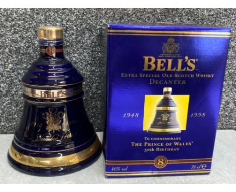 70cl decanter of Bells extra special old scotch whisky, dated 1998 to commemorate the Prince of Wales 50th birthday, still se