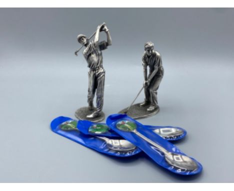 2 limited edition pewter sculpture figures of golfers by myth and magic by shudehiy together with 3 golf crested spoons