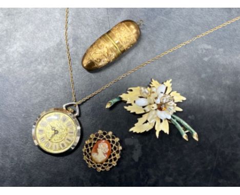 Victorian Etui sewing kit made of brass with original thread &amp; thimble together with ladies Burgana 1960s Swiss pendant w