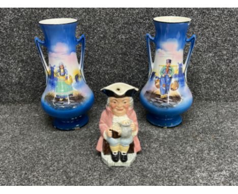 Pair of opal Dutch themed twin handle vases and Toby jug