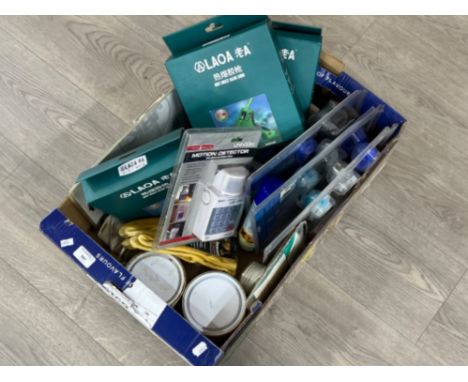 Box of DIY goods, 4 hot glue guns, industrial stapler and leather gloves