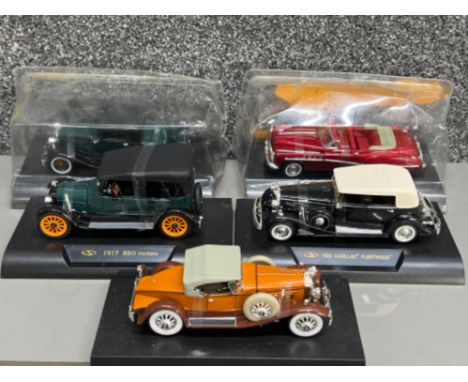 Coches de Epoca diecast metal vintage cars in 1:32 scale by RBA collectables (Spain) x5 on original stands