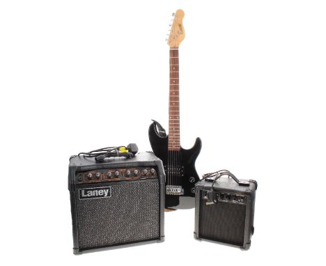 Encore electric guitar, black finish; together with a Laney Linebacker guitar amplifier and a Burswood G-10 practice amplifie