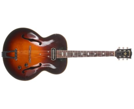 1940 Gibson L4 to ES250 conversion electric archtop guitar; Finish: sunburst, lacquer checking and minor dings, clear lacquer