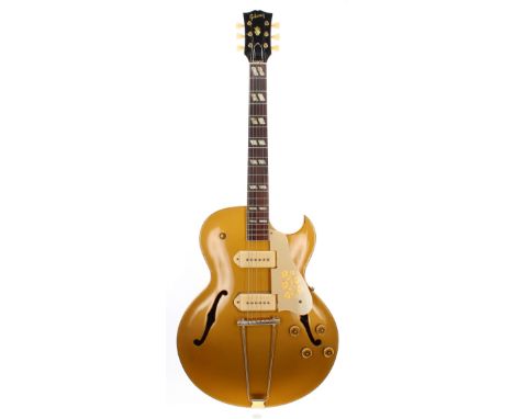 1954 Gibson ES-295 hollow body electric guitar, made in USA, ser. no. A1xxx5; Finish: gold, lacquer checking, green oxidisati