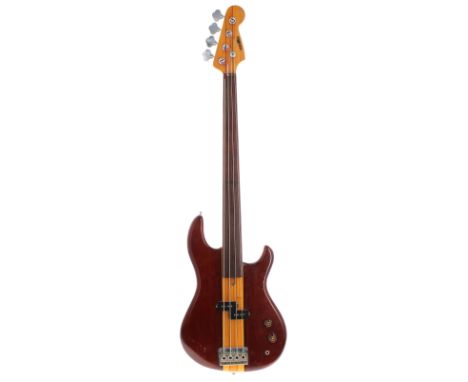 1980s Satellite fretless bass guitar; Finish: walnut with natural centre stripe, many scratches and blemishes; Fingerboard: r