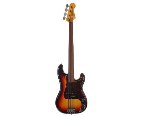 Fender Precision Bass fretless bass guitar, crafted in Japan (2004-05), ser. no. R0xxxx4; Finish: sunburst, various minor din