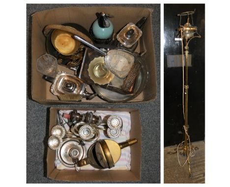 A solid brass telescopic standard lamp, electroplated candelabra, brass jam pan, plated tea/coffee service, cigarette case, c