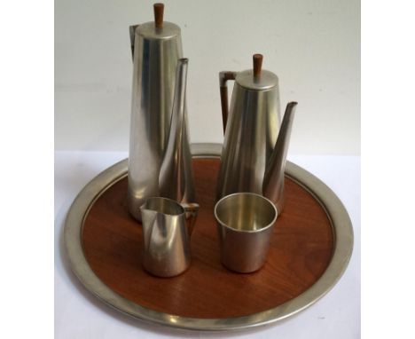 1960s ROYAL HOLLAND PEWTER 'DALLDEROP' COFFEE SERVICEcomprising coffee pot; hot water jug, sugar basin, cream jug and circula