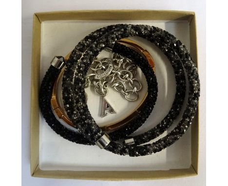 SELECTION OF FASHION JEWELLERYcomprising a Links of London Silver Heart Disc Charm Bracelet with letter 'A' charm, a Michael 