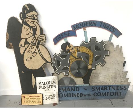 UNUSUAL SELECTION OF VINTAGE ADVERTISING SIGNS circa 1940s, mostly for a cobblers, comprising a hand-painted hardboard exampl