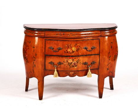 AN 18TH CENTURY STYLE CONTINENTAL BOMBE SHAPED THREE DRAWER COMMODEWith floral polychrome painted decoration, on splayed supp