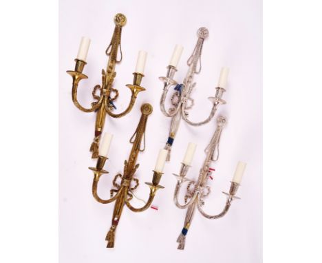 TWO PAIRS OF  NEO-CLASSICAL STYLE METAL TWIN-LIGHT WALL APPLIQUES (4)ModernOne pair silvered, the other gilt lacquered, each 