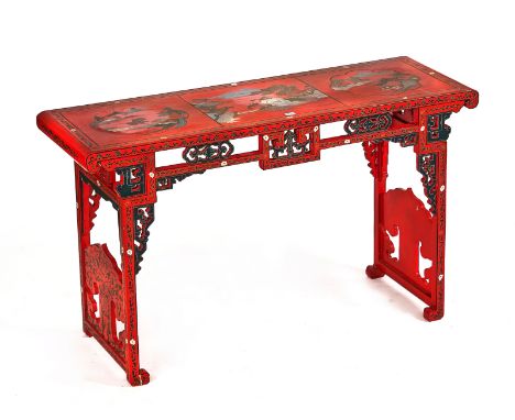 A 20TH CENTURY ASIAN SCARLET LACQUERED ALTAR TABLEWith pierced frieze, decorated with cartouches of landscapes, 143cm wide; 8