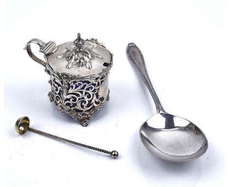A VICTORIAN SILVER MUSTARD POT, A SMALL LADLE AND A PLATED SPOON (3)The mustard pot with scroll pierced decoration, with a fi