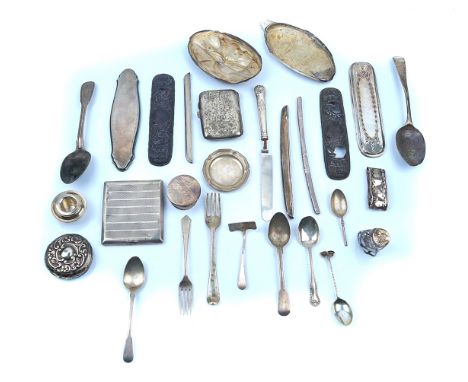 TWO SILVER CIGARETTE CASES AND FURTHER SILVER (28)The remaining silver comprising; six spoons, two forks, a knife with a load