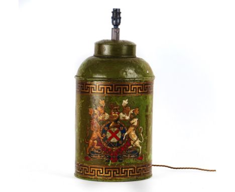 A GREEN PAINTED TOLE TEA CANISTER TABLE LAMP20th CenturyDecorated with Coat-of-Arms, 45cm high, excluding shadeCondition repo