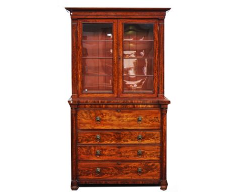 A WILLIAM IV MAHOGANY SECRETAIRE CABINETThe pair of astragal glazed doors over fitted drawer and three further, flanked by tu