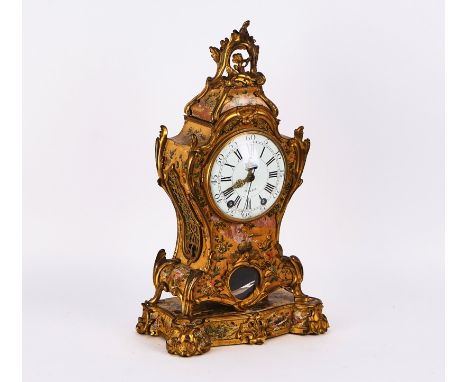 A LOUIS XV ORMOLU-MOUNTED VERNIS MARTIN STRIKING MANTEL CLOCKMid-18th CenturyThe case decorated with floral sprays on a yello