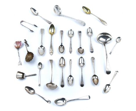 TWO SILVER SUGAR SIFTING SPOONS AND FURTHER SILVER FLATWARE (24)The larger fiddle pattern sifting spoon London 1824, the smal