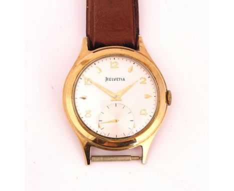 A HELVETIA 9CT GOLD CASED GENTLEMAN'S WRIST WATCHThe signed silvered dial with gilt Arabic and arrow shaped numerals, tapered