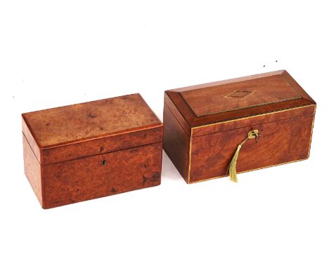 A VICTORIAN FIGURED WALNUT TEA CADDY WITH TWIN LIDDED INTERIOR 26CM WIDE; 15CM HIGHTogether with a similar mahogany example 2