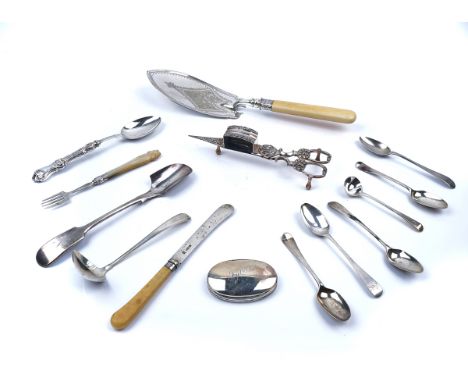 A GROUP OF SILVER AND PLATED TABLE FLATWARE (qty)Including; a Victorian christening spoon, Birmingham 1880, a sterling ladle,