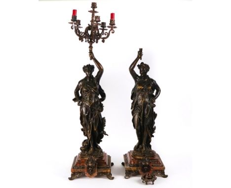 A PAIR OF FRENCH BRONZE AND MARBLE FIGURAL SIX-LIGHT CANDELABRALate 19th CenturyEach modelled as a classical female wearing a