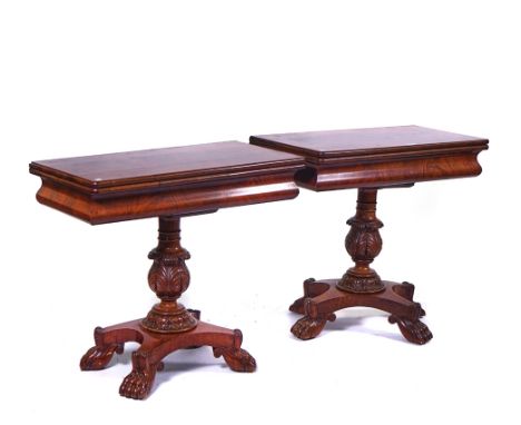 A PAIR OF GEORGE IV RECTANGULAR MAHOGANY TEA TABLES (2)With cushion frieze and carved columns on paw feet, 87cm wide; 78cm hi