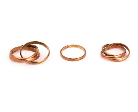 THREE 9CT GOLD RINGS (3)Comprising; a three colour gold, triple band, Russian style gentleman's wedding ring, ring size O, a 