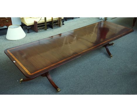 A GEORGE II STYLE CROSSBANDED MAHOGANY ‘D’ END EXTENDING DINING TABLEOn six downswept supports with two extra leaves, 116cm w