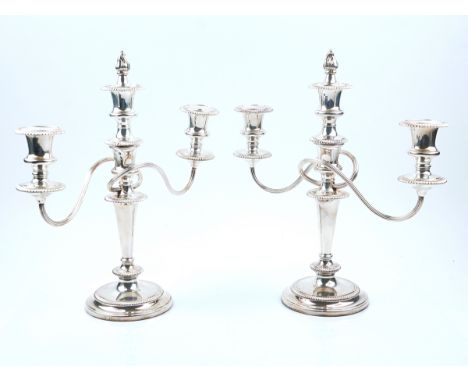 A PAIR OF PLATED THREE LIGHT TABLE CANDELABRA AND FURTHER PLATED WARES (4)The candelabra with scrolling arms and detachable f