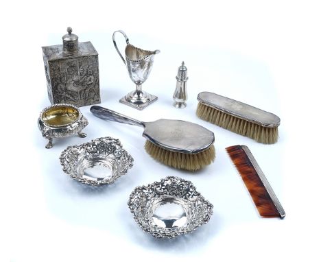 A GROUP OF SILVER AND FOREIGN WARES, (9)Comprising; a Victorian circular salt, raised on three lion mask feet, London 1853, a