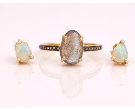 A SILVER GILT LABRADORITE AND ROSE DIAMOND RING AND A PAIR OF OPAL EARRINGS  (2)The ring claw set with an oval labradorite be