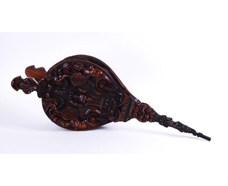 A PAIR OF RENAISSANCE REVIVAL CARVED WALNUT BELLOWS19th CenturyCarved with winged figures, cherubs and swags within scrollwor