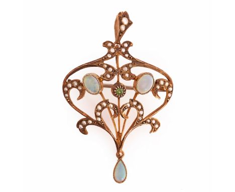 A GOLD, OPAL, DEMANTOID GARNET AND SEED PEARL PENDANT BROOCHCirca 1910, in a scroll pierced openwork design, mounted with two