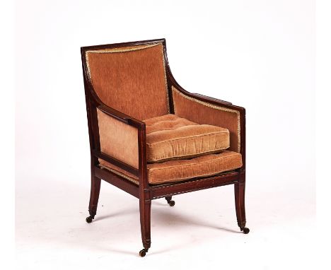 A 19TH CENTURY MAHOGANY LIBRARY BERGEREWith square back and shallow sabre supports, 70cm wide; 100cm highCondition report:&nb