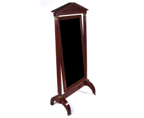 A LARGE FRENCH EMPIRE BRASS MOUNTED MAHOGANY CHEVAL MIRROROn four downswept supports, 108cm wide; 210cm highCondition report: