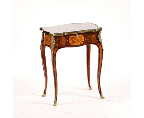 A LATE 19TH CENTURY GERMAN GILT-METAL MOUNTED MARQUETRY INLAID KINGWOOD, ROSEWOOD AND SATINWOOD OCCASIONAL TABLEOf serpentine