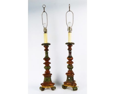 A PAIR OF ITALIAN STYLE PAINTED PLASTER ALTAR CANDLESTICK LAMPSModernEach with a green shade, overall height 125cm