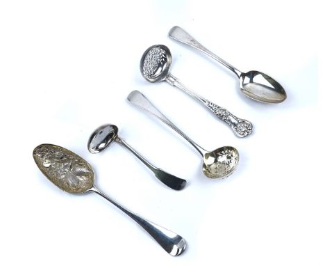 FIVE ITEMS OF SILVER FLATWARE (5)Comprising; a fiddle pattern sauce ladle, probably London 1819, two sugar sifting spoons, a 