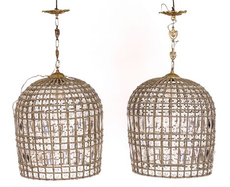 A PAIR OF BEADED AND FACETED GLASS HANGING LIGHTS (2)ModernOf dome shape, each with a single light, and gilt metal hanging mo