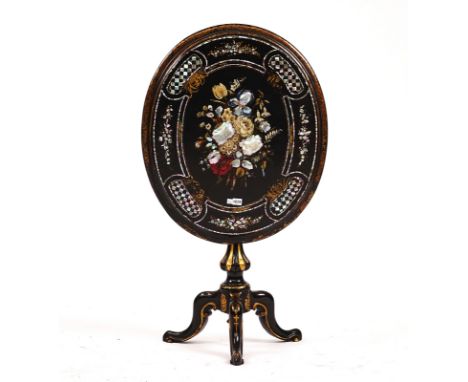 A VICTORIAN MOTHER-OF-PEARL AND FLORAL POLYCHROME PAINTED SNAP TOP EBONISED CENTRE TABLEOn baluster tripod base, 77cm wide; 7