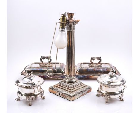 A PLATED TABLE LAMP AND FURTHER PLATED WARES  (5)The table lamp of Corinthian column form raised on a stepped square base, he