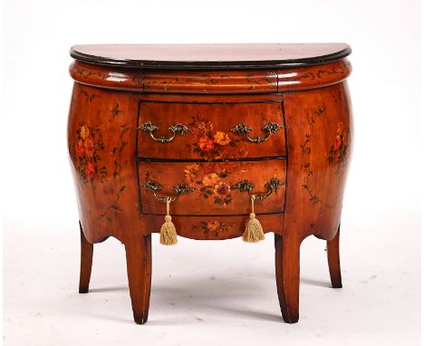 AN 18TH CENTURY STYLE CONTINENTAL BOMBE SHAPED THREE DRAWER COMMODEWith floral polychrome painted decoration, on splayed supp