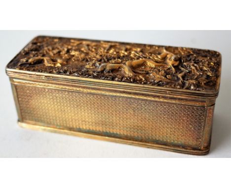A GEORGE IV SILVER GILT RECTANGULAR HINGE LIDDED SNUFF BOXThe top decorated with a fox hunting scene in a landscape setting, 