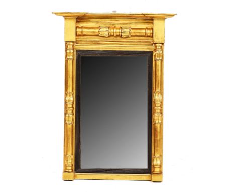 A REGENCY GILT FRAMED RECTANGULAR MIRROR (2)With split column decoration, 53cm wide; 72cm high, together with a similar small