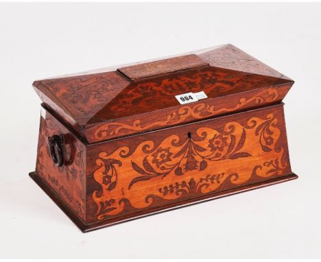 A REGENCY INLAID ROSEWOOD SARCOPHAGUS SHAPED TEA CADDYWith ring handles, 38cm wide; 22cm high